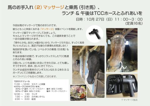 【満員御礼】「TCC Partners Program」第11回 馬のお手入れ(2)マッサージと乗馬(引き馬)